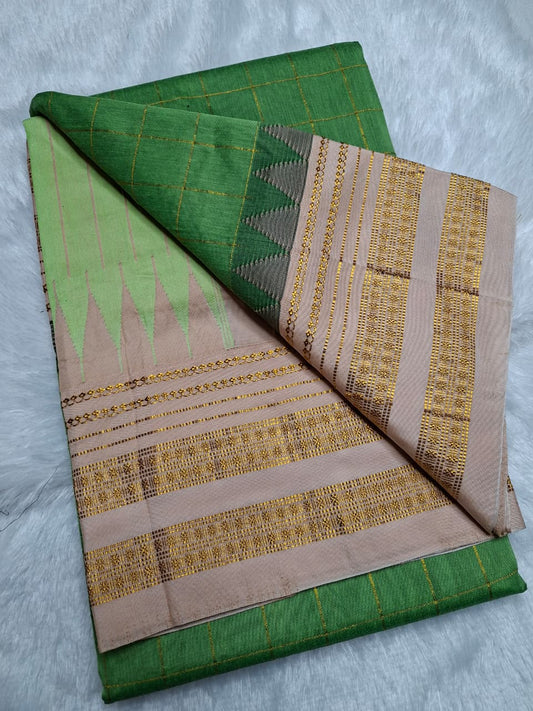 Leaf Green Big Checks Ilkal Saree with Beige Big Border
