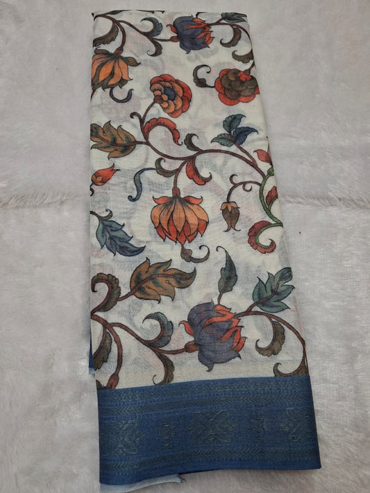 Off White & Blue Cotton- flower Kalamkari Saree