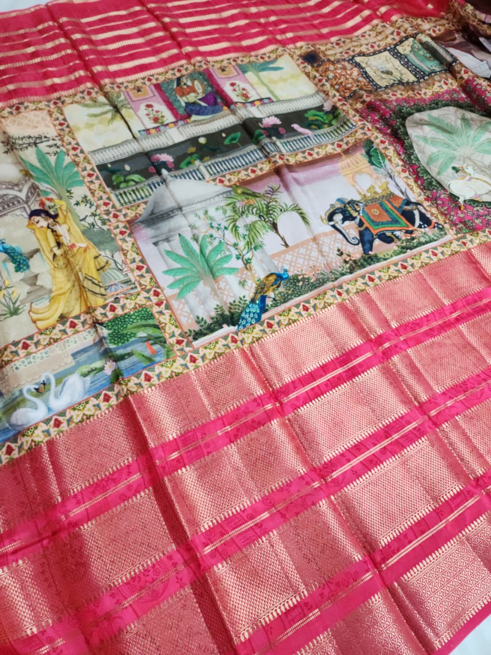 Cream colour Semi Mysore Silk 3D Print Kalamkari Saree