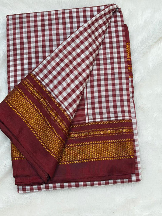 Premium Maroon & White Ilkal Mini Checks Saree with Gadwal border