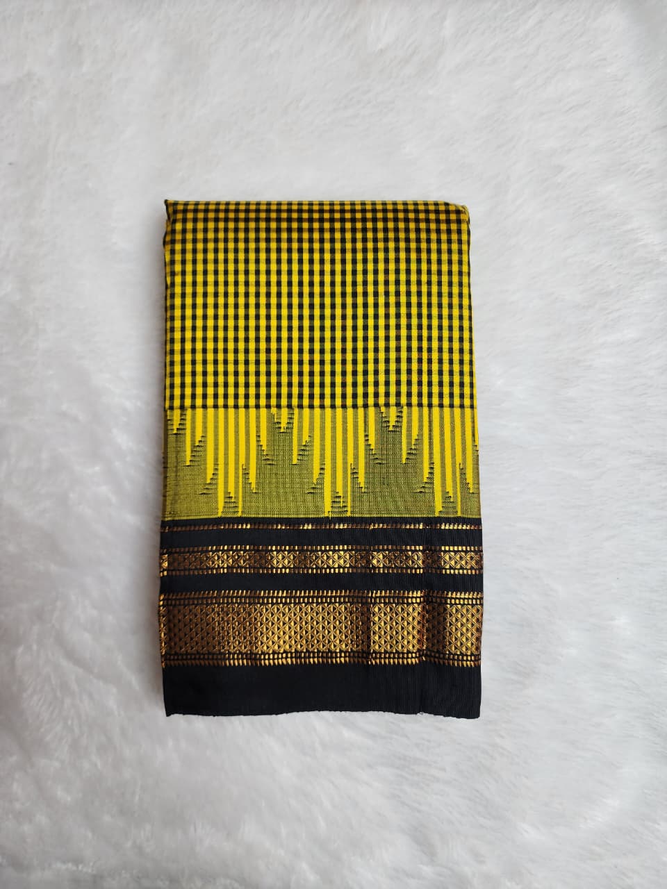 Mustard & Black Gadwal Ilkal Pure Silk Satrangi temple Checks