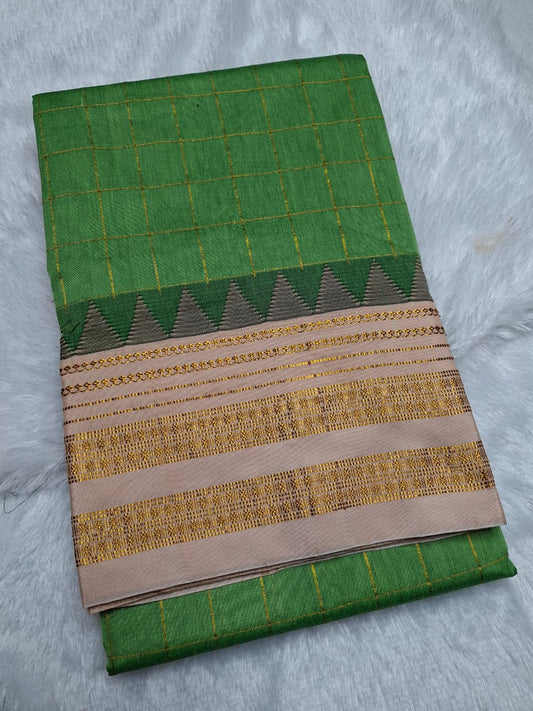 Leaf Green Big Checks Ilkal Saree with Beige Big Border