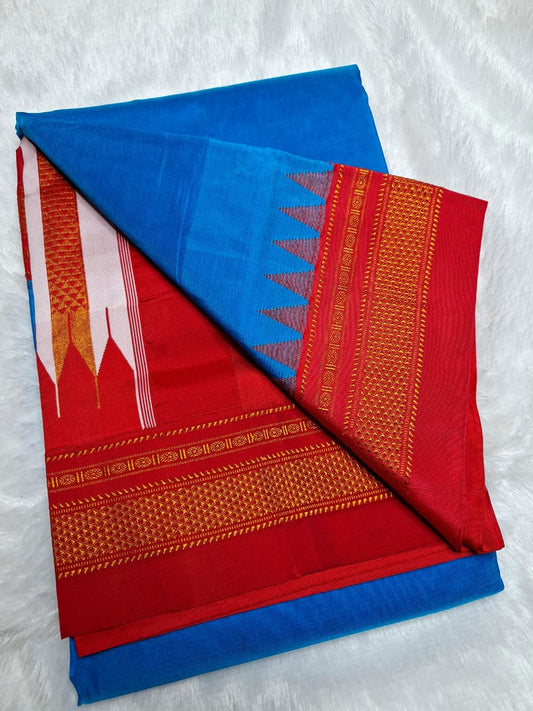 Turquoise Blue Ilkal Viscose Silk Saree with Vermilion Red Chikki Paras Border
