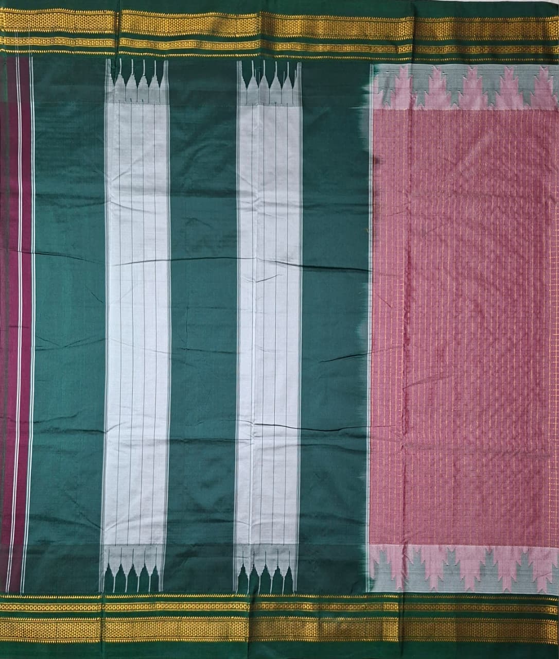 Dusty Mauve Gadwal Chaduranga Ilkal Cotton Saree with Contrast Zari Border & Pallu