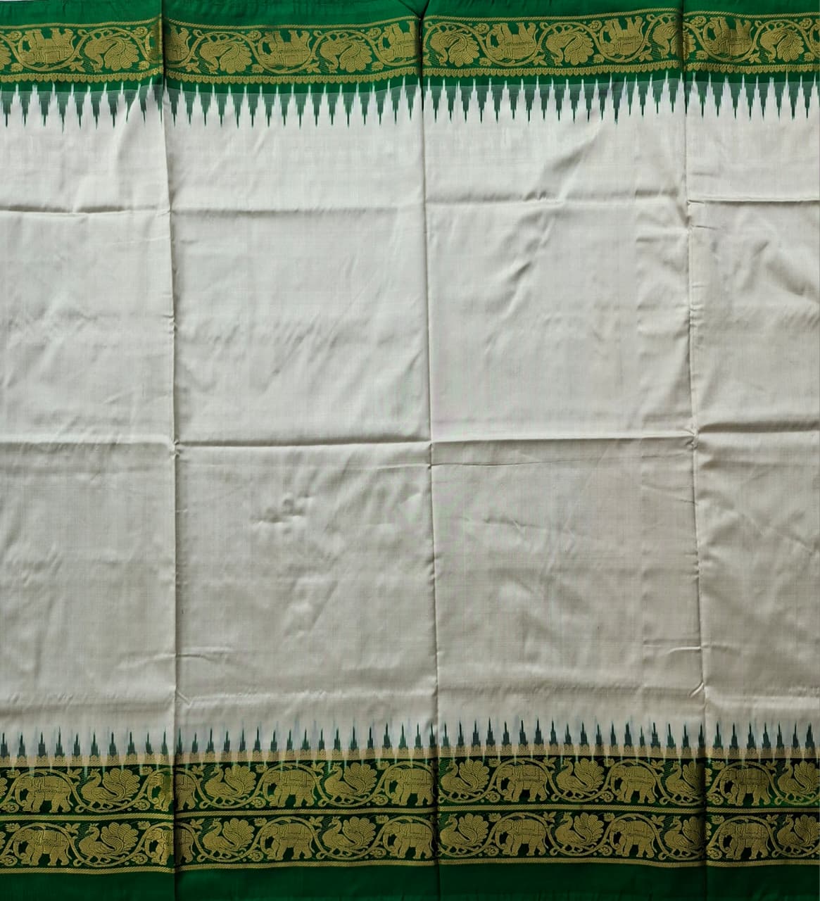 White-Green Plain Handloom Pochampally pure silk with Ikkat design blouse