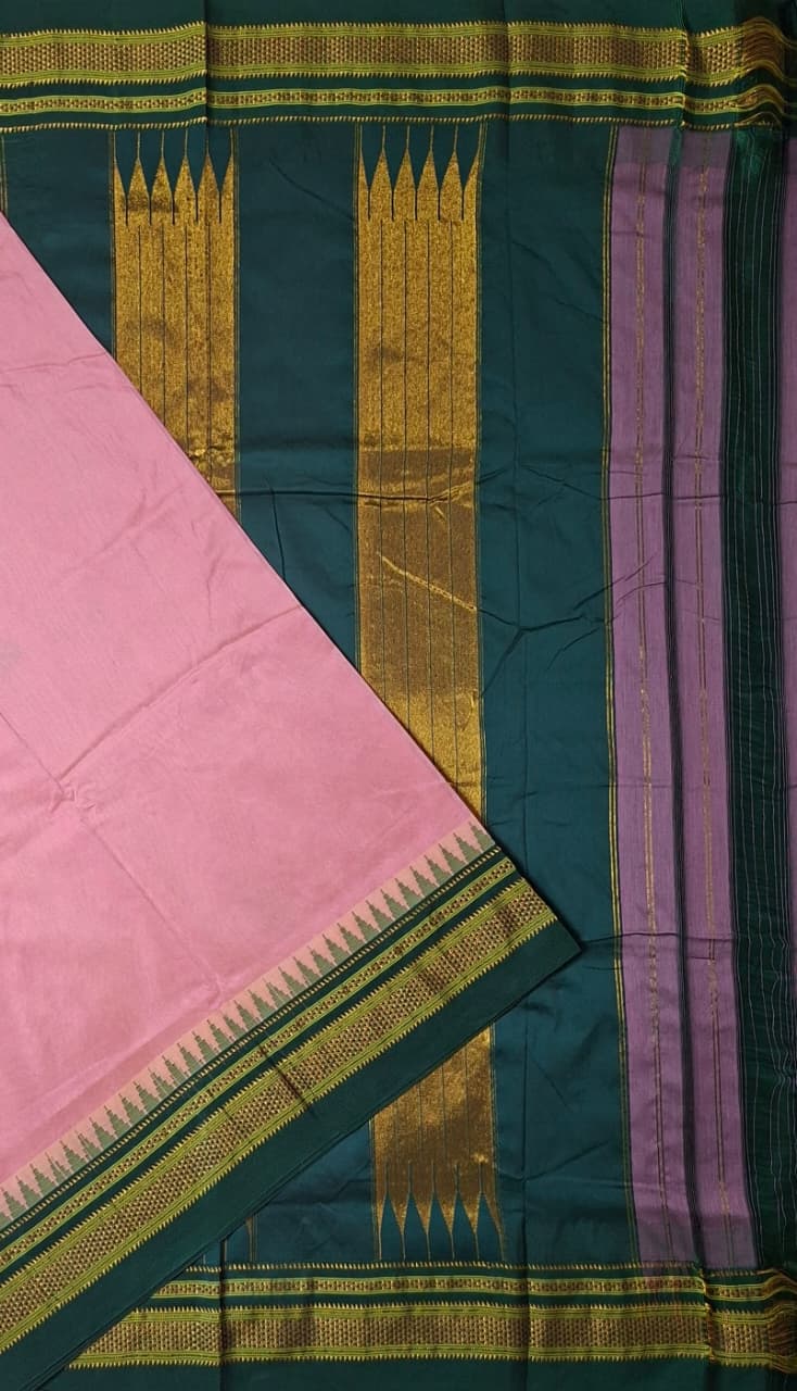 Soft Pink Mini Gadwal Ilkal Saree with Bottle Green Chikki Paras Border