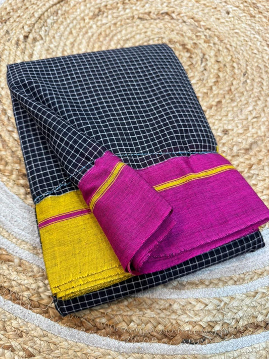 Black -Yellow Pink Ilkal handloom Patteda Anchu Saree