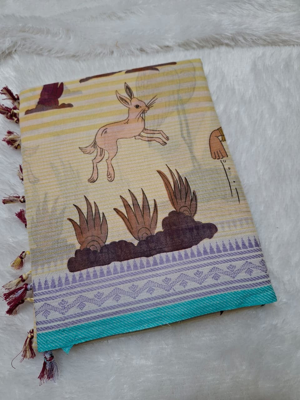 Kalamkari Beige Base-Lavender border Khadi Cotton with Digital Print