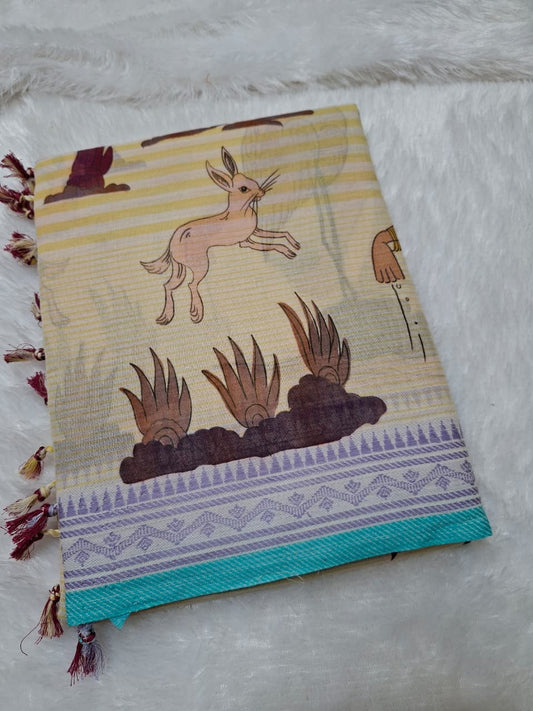 Kalamkari Beige Base-Lavender border Khadi Cotton with Digital Print