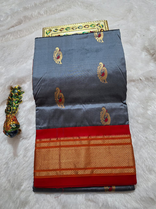 Grey Red Paithani silk