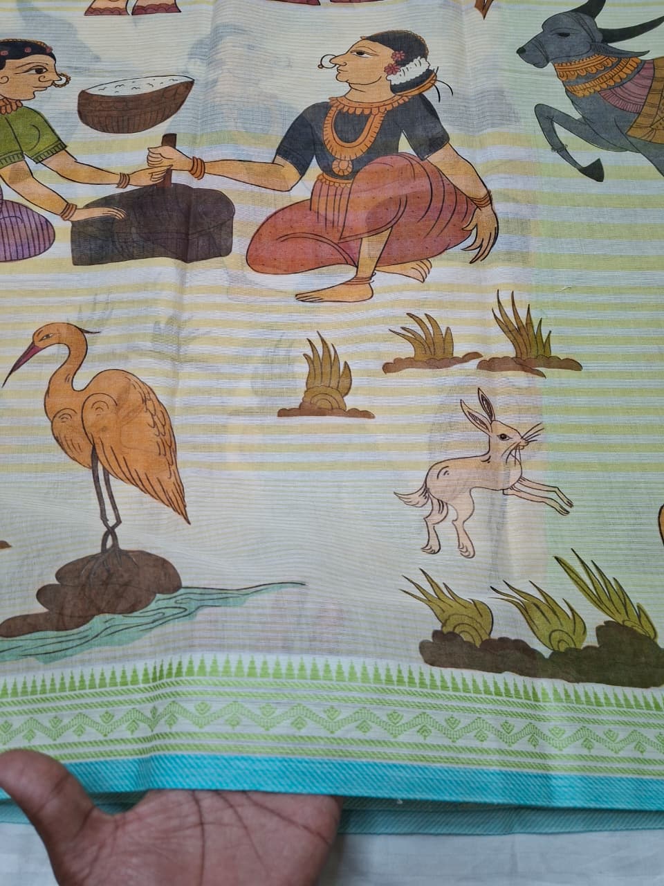 Kalamkari Beige Base-green border Khadi Cotton with Digital Print