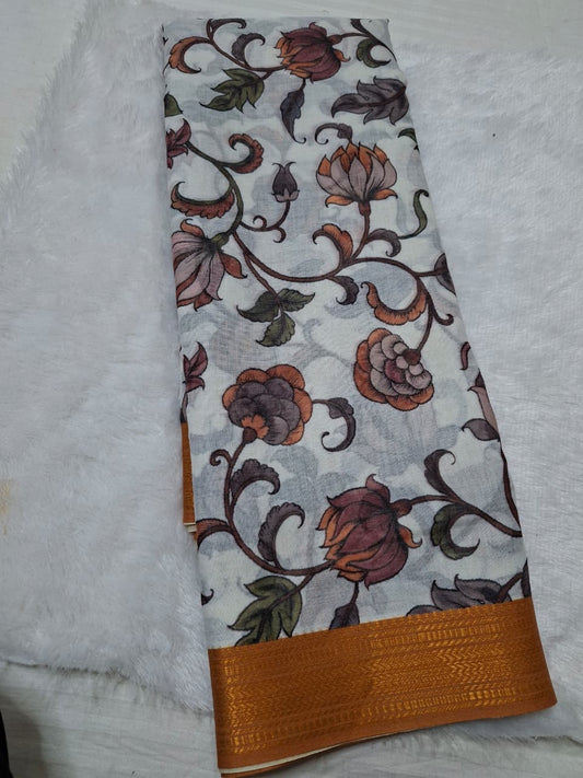 Off White Floral Cotton- flower Kalamkari Saree