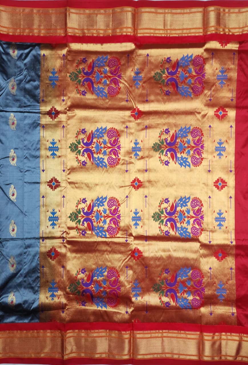 Grey Red Paithani silk