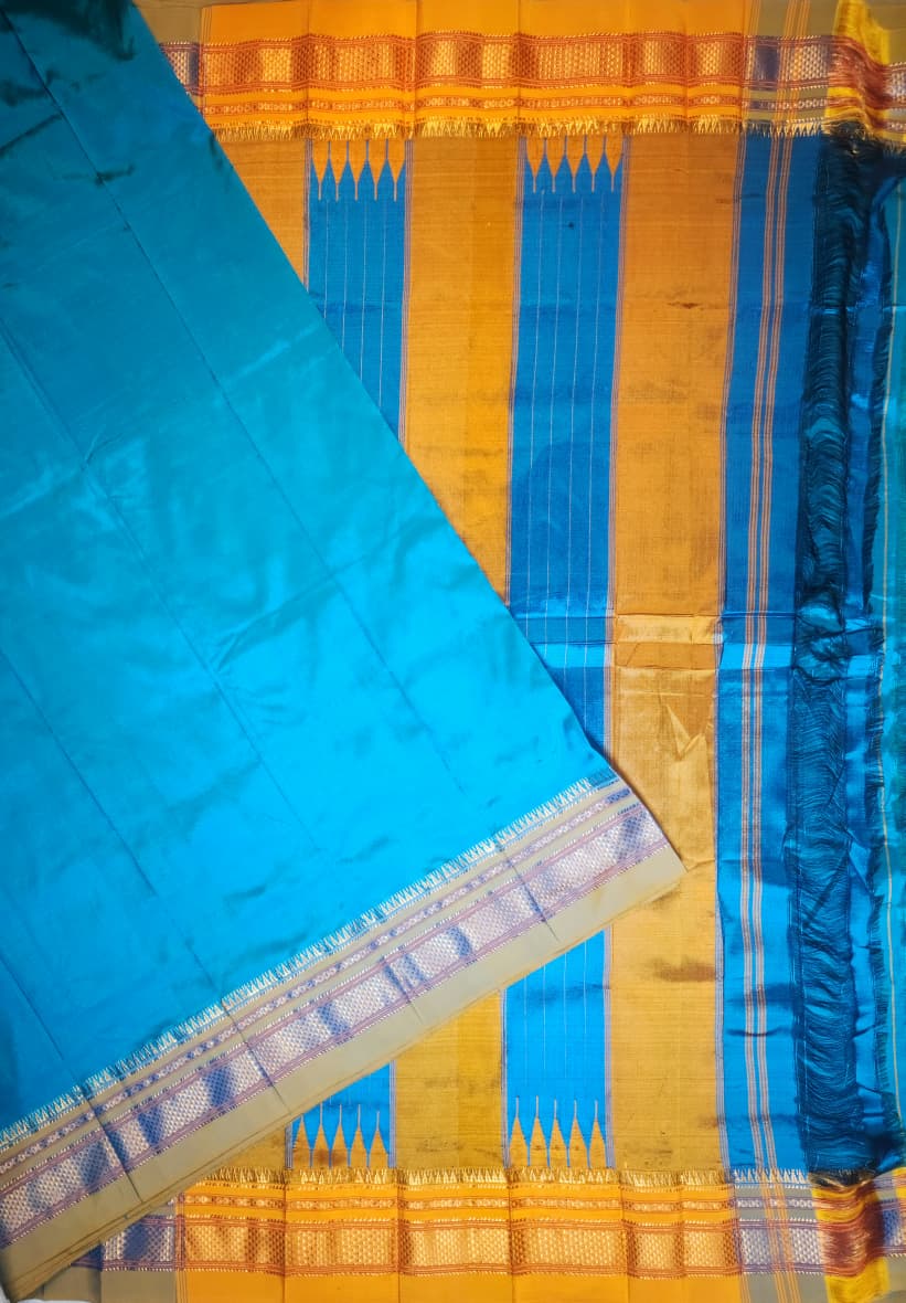 Teal Blue Plain Ilkal silk with Paras Border