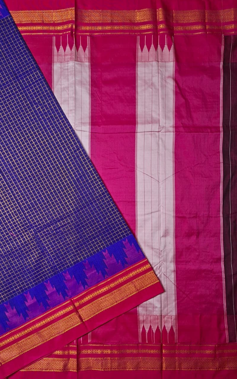Royal Blue Gadwal Chaduranga Ilkal Cotton Saree with Contrast Zari Border & Pallu