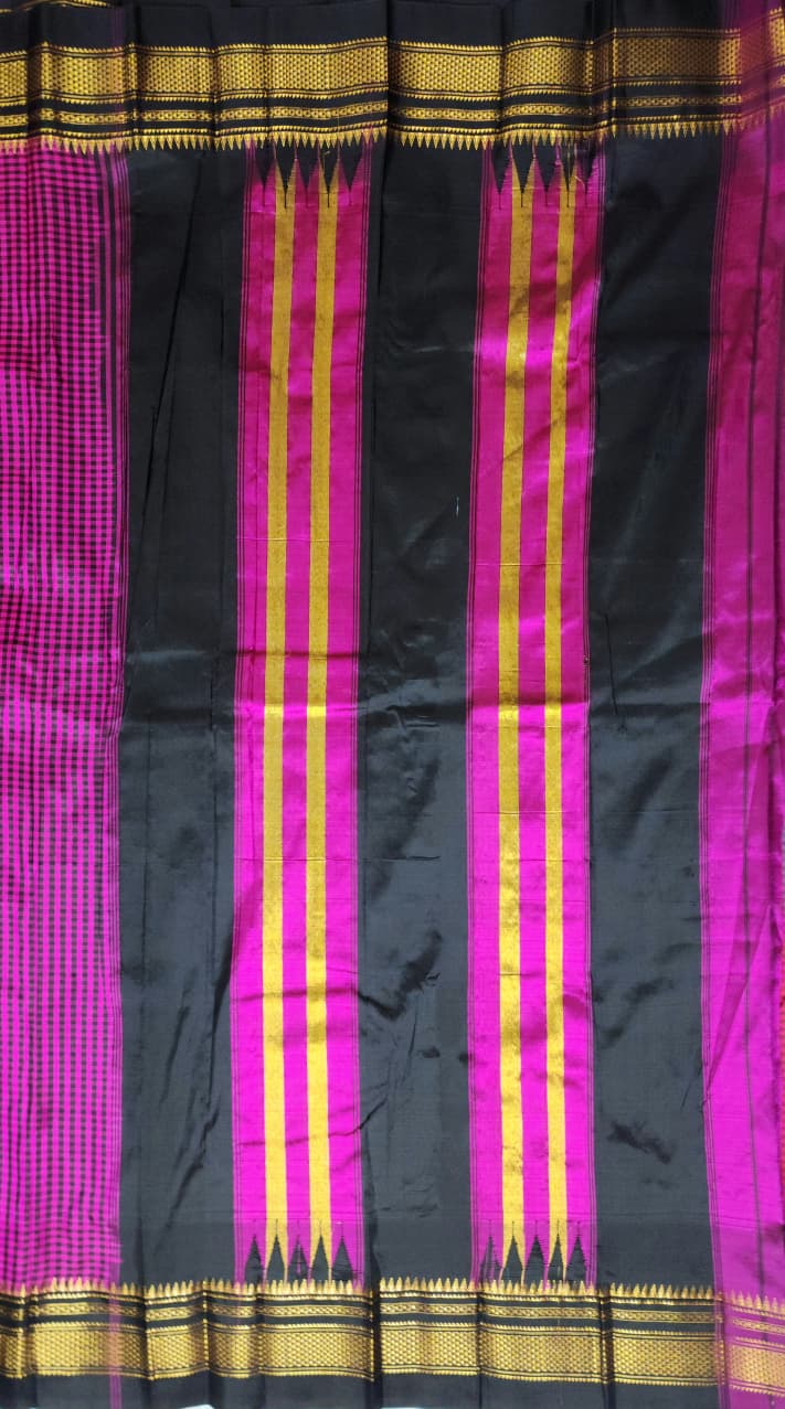 Pink Black Checks Gadwal Ilkal Silk Saree