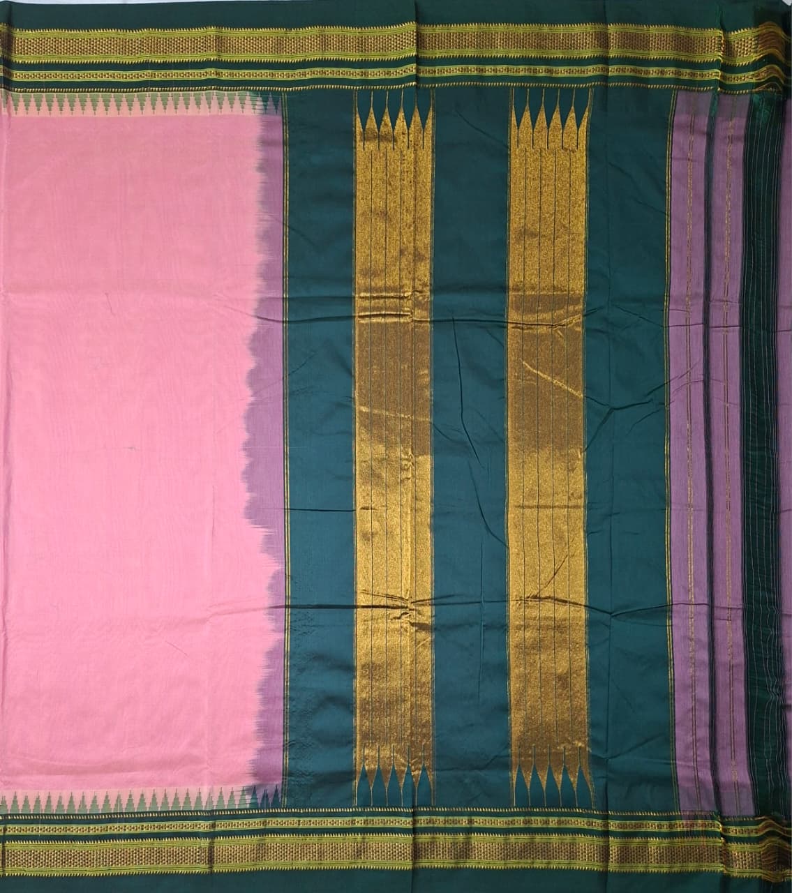 Soft Pink Mini Gadwal Ilkal Saree with Bottle Green Chikki Paras Border
