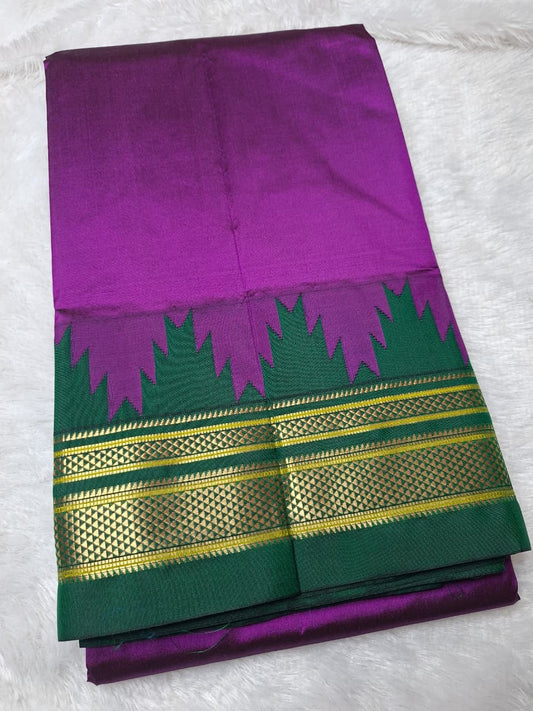 Pink Green plain with temple border ilkal silk