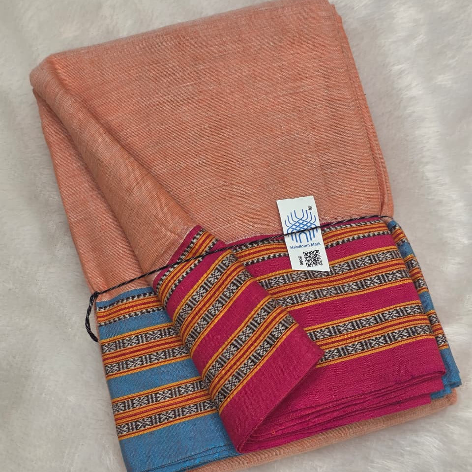 Orange - Pink & Blue Ilkal handloom Patteda Anchu-Gayatri Border