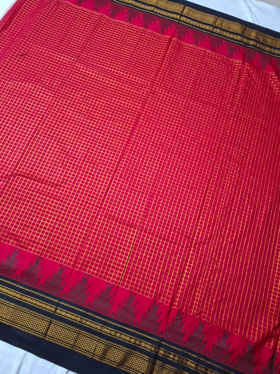 Vermilion Red Gadwal Chaduranga Ilkal Cotton Saree with Contrast Zari Border & Pallu