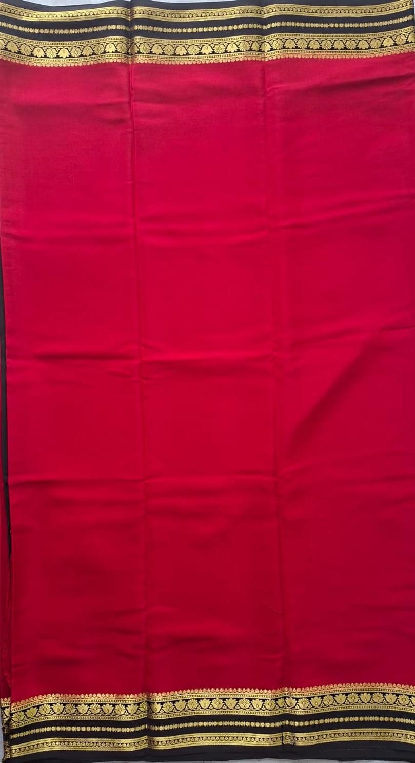 Red Black Mysore Crepe Silk with black flower border