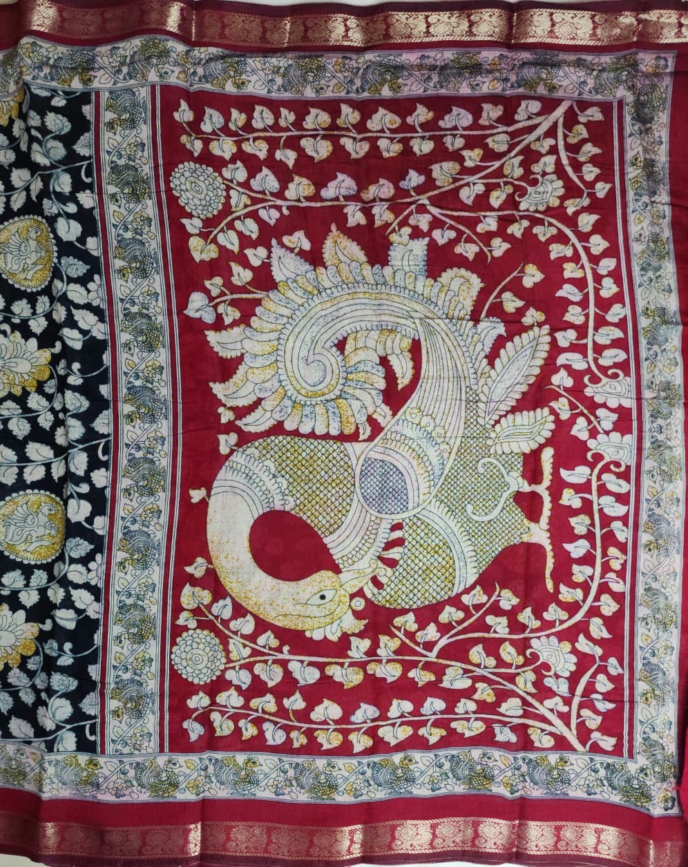 Midnight Blue & Ivory Kalamkari Cotton Saree with Red Zari Border