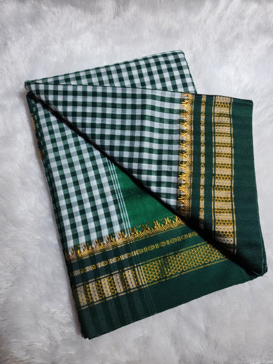 Green & White Ilkal mini Checks Saree with Zari Border