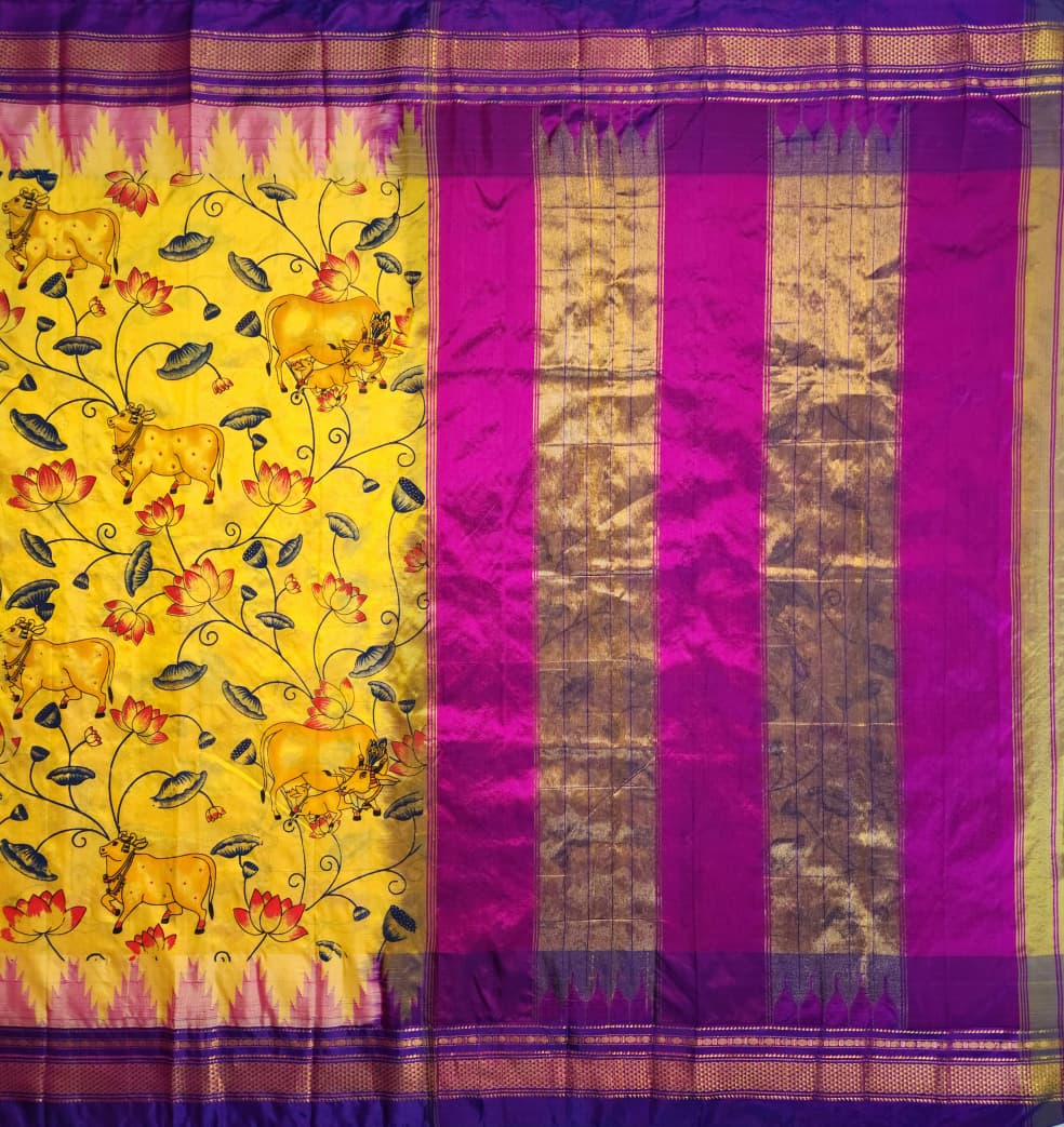 Warm Mustard-Yellow Ilkal–Kalamkari Floral print Fusion Saree