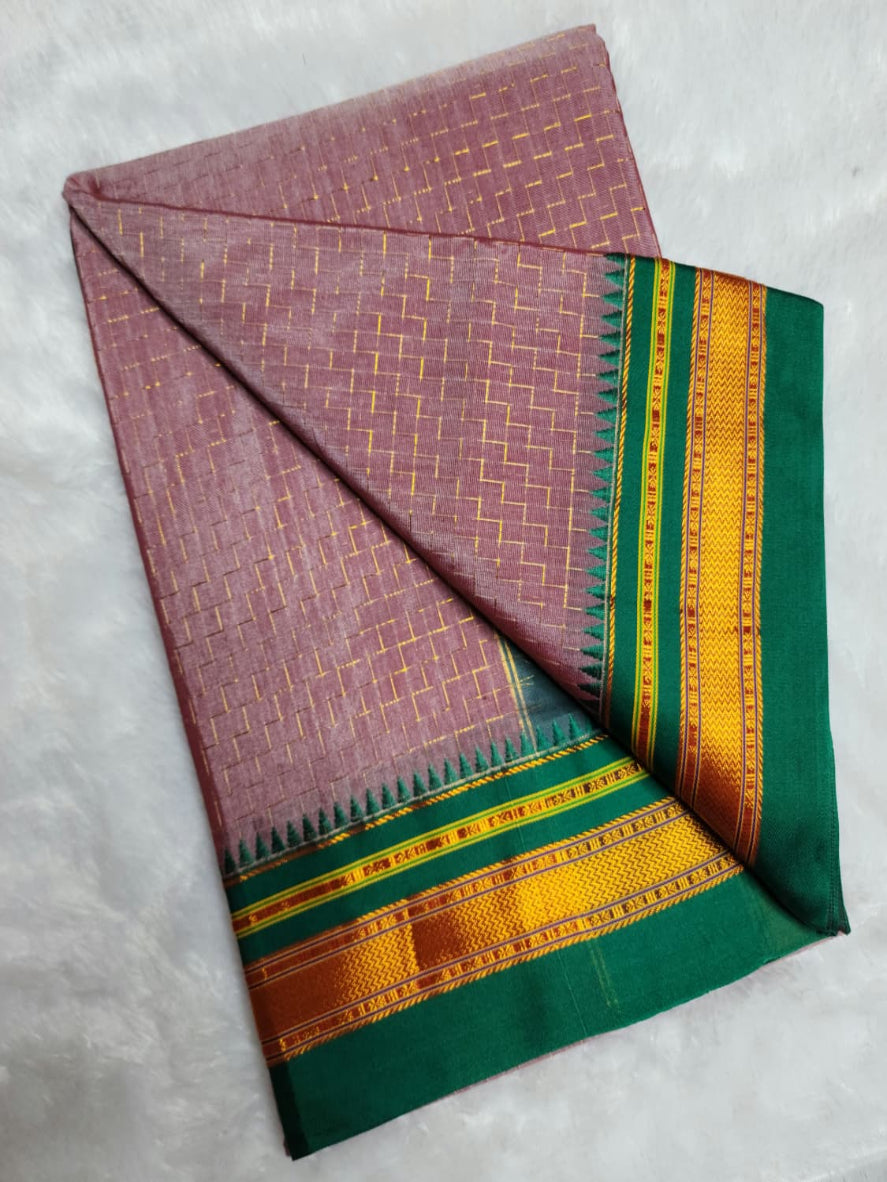 Mauve & Green Ilkal Cotton Saree with Zig-Zag Jari