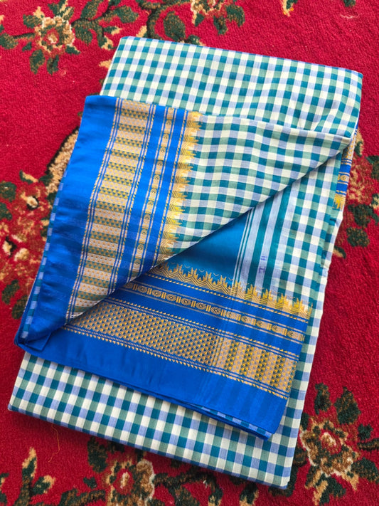 Classic light blue & White Ilkal Mini Checks Saree