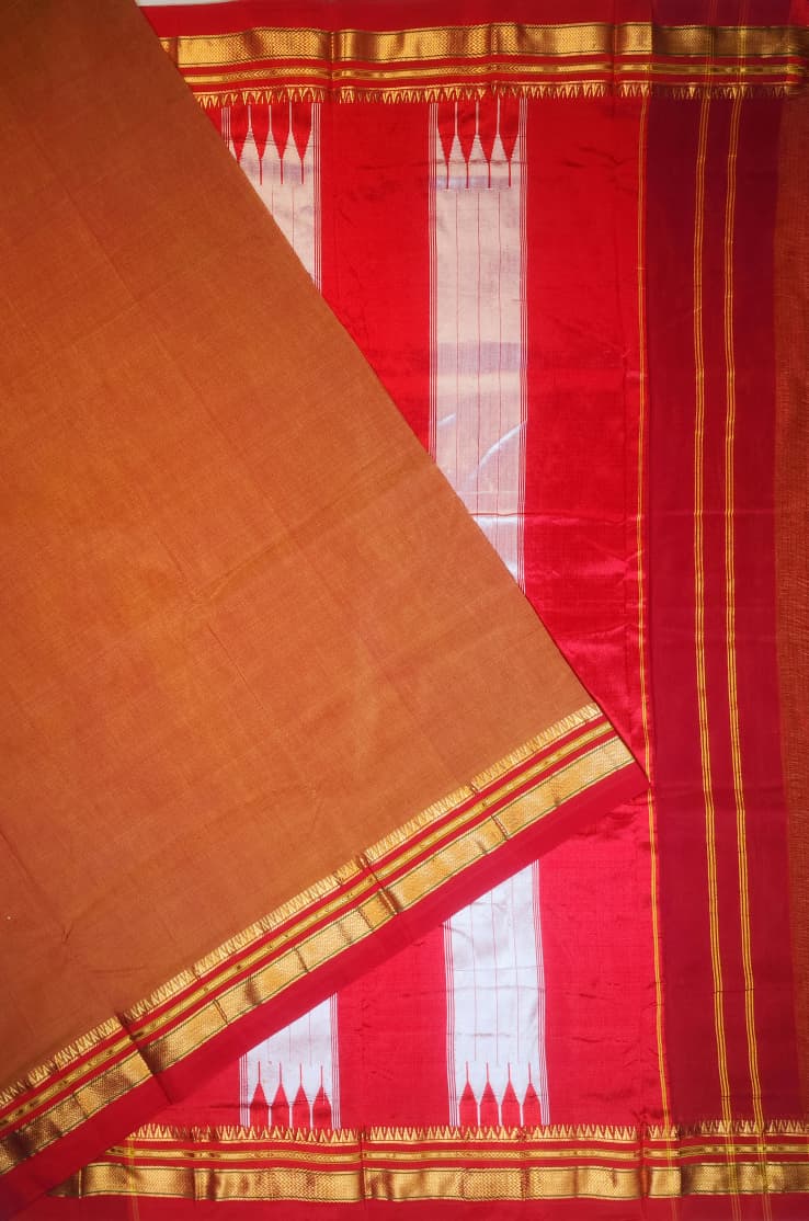 Rust Brown Ilkal Plain Cotton Saree with Thode Paras Border & Silk Pallu