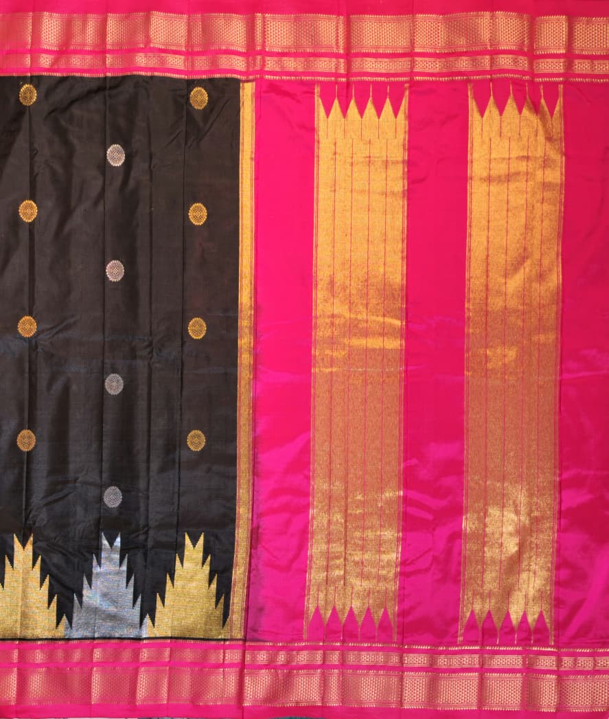 Black Gadwal Ilkal Silk with Two-Colour Zari Temple Tower Border