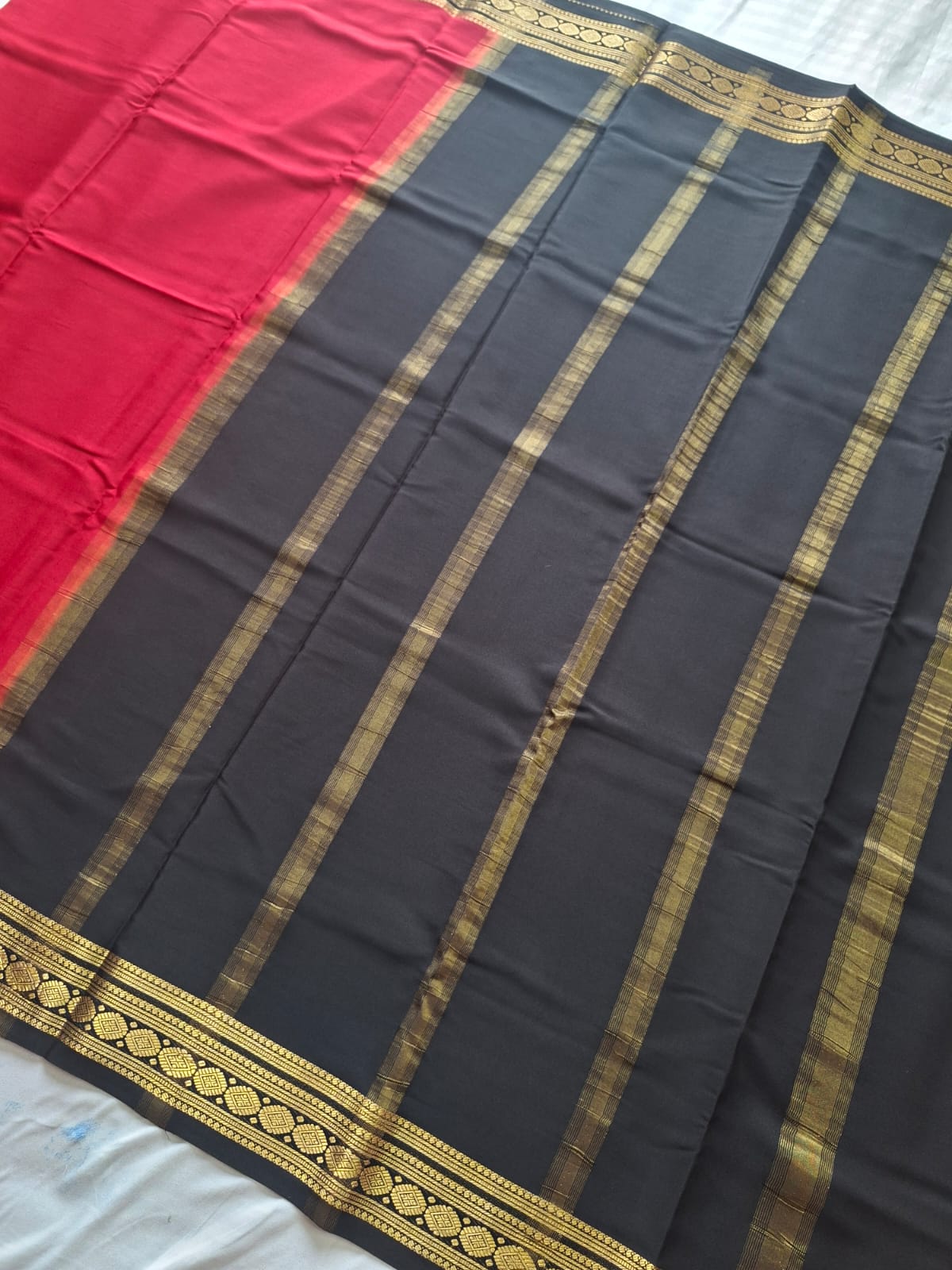 Red Black Mysore Crepe Silk with black diamond motif border