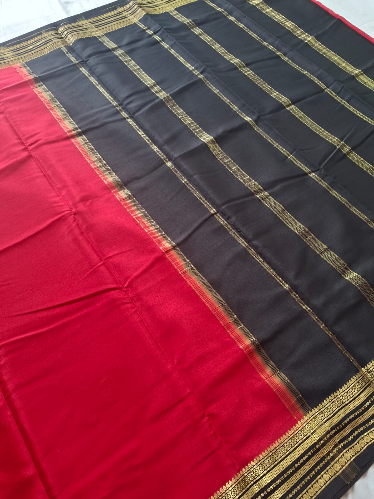 Red Black Mysore Crepe Silk with black line border