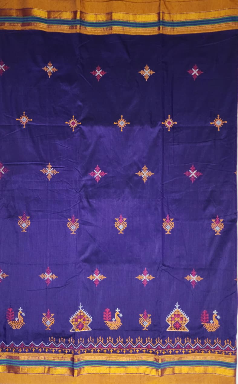 Indigo Blue Mustard  Ilkal Kasuti Cotton Saree
