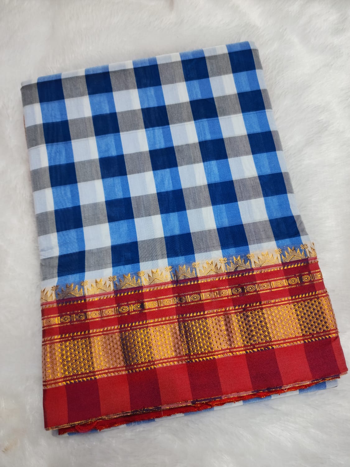 Sky blue, Navy blue, and Soft Grey Ilkal Big Checks Saree with Rich Pallu