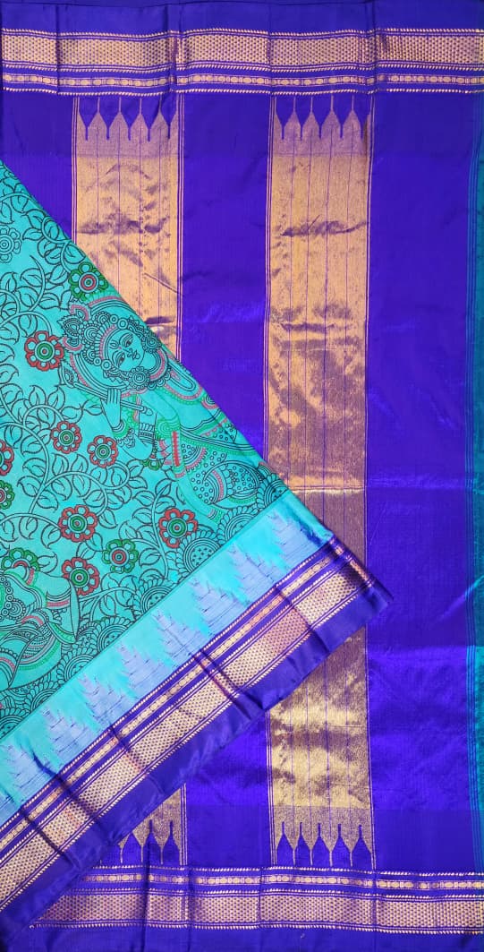 Blue Ilkal–Kalamkari floral print Fusion Saree
