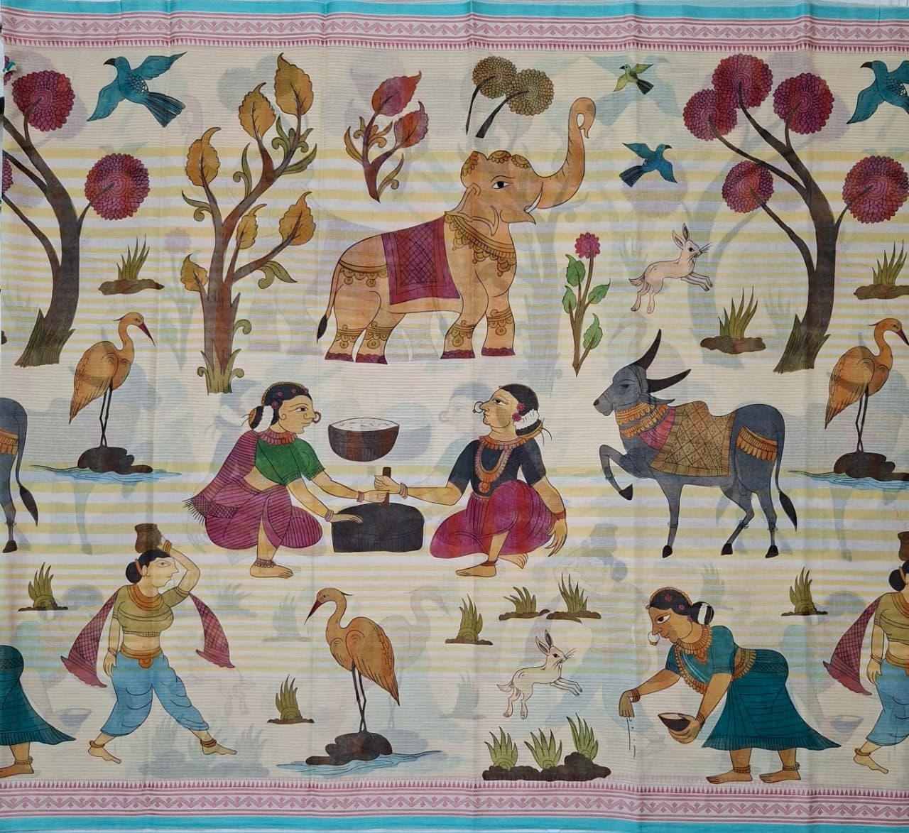 Kalamkari Beige Base-Red border Khadi Cotton with Digital Print