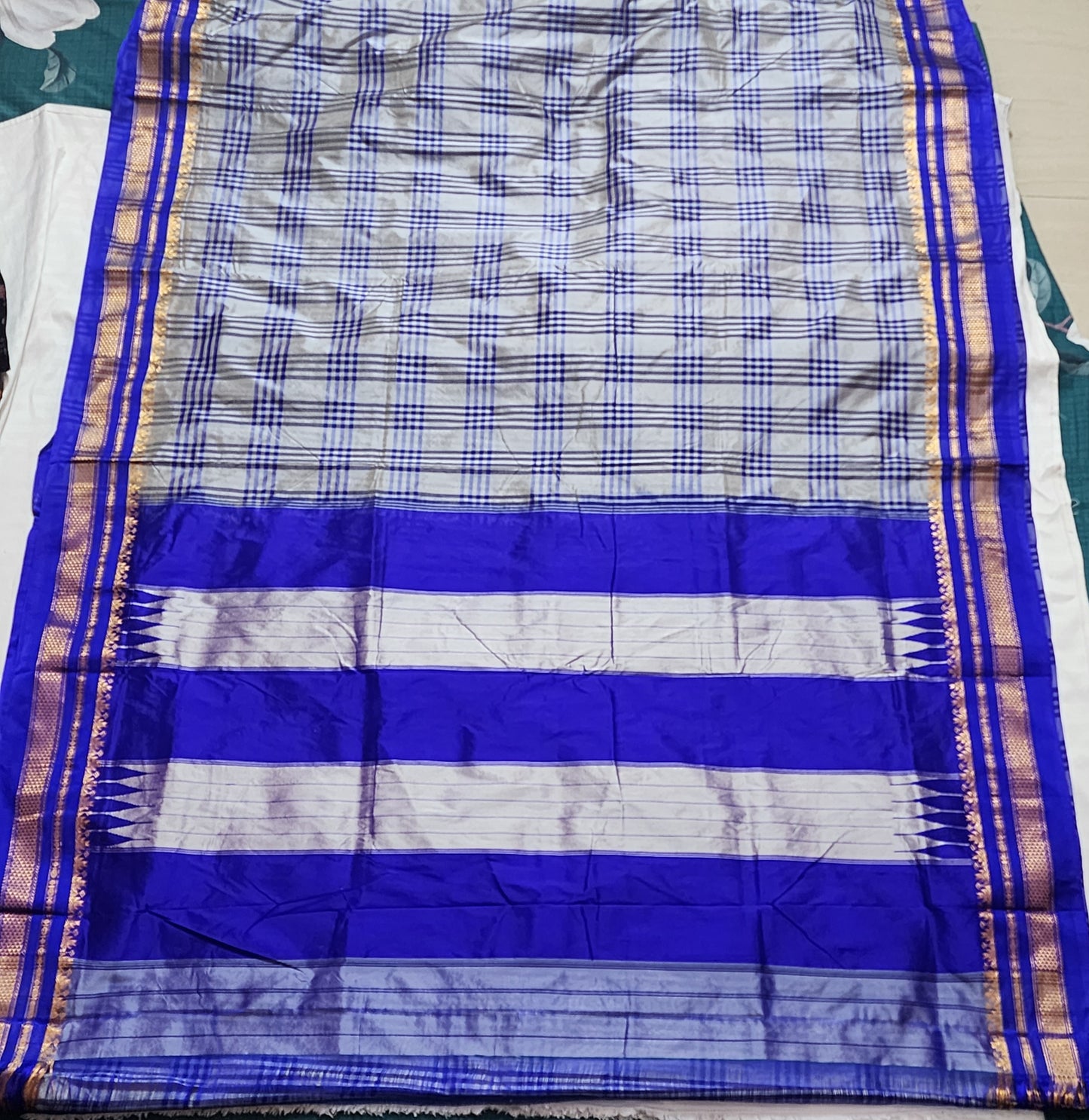Ash Blue Checks Ilkal Saree