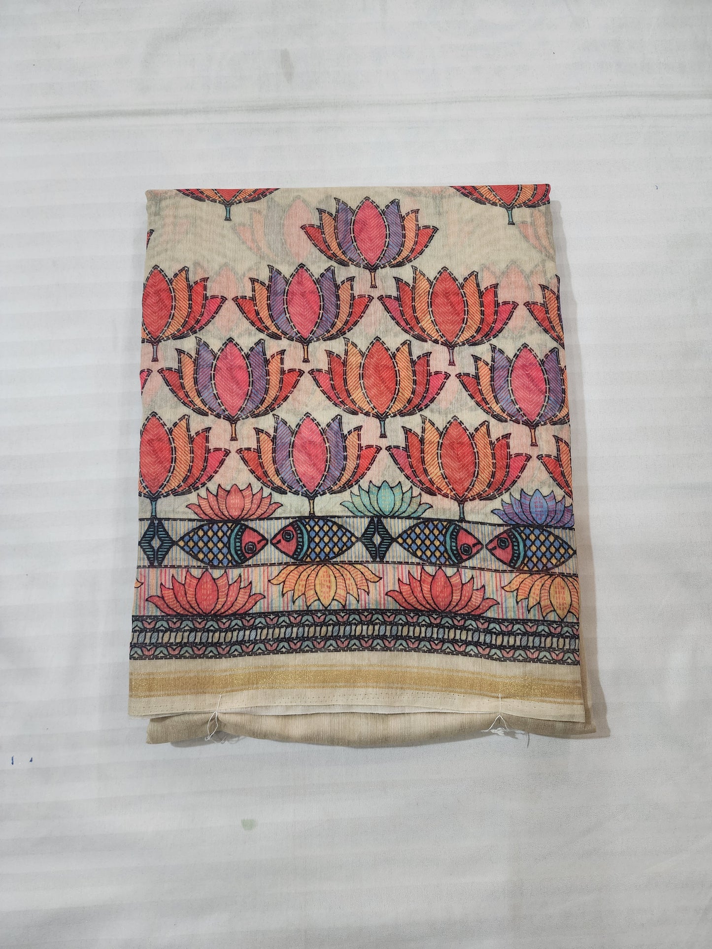 Beige Linen Cotton Saree with Vibrant Lotus and Fish Motif Print