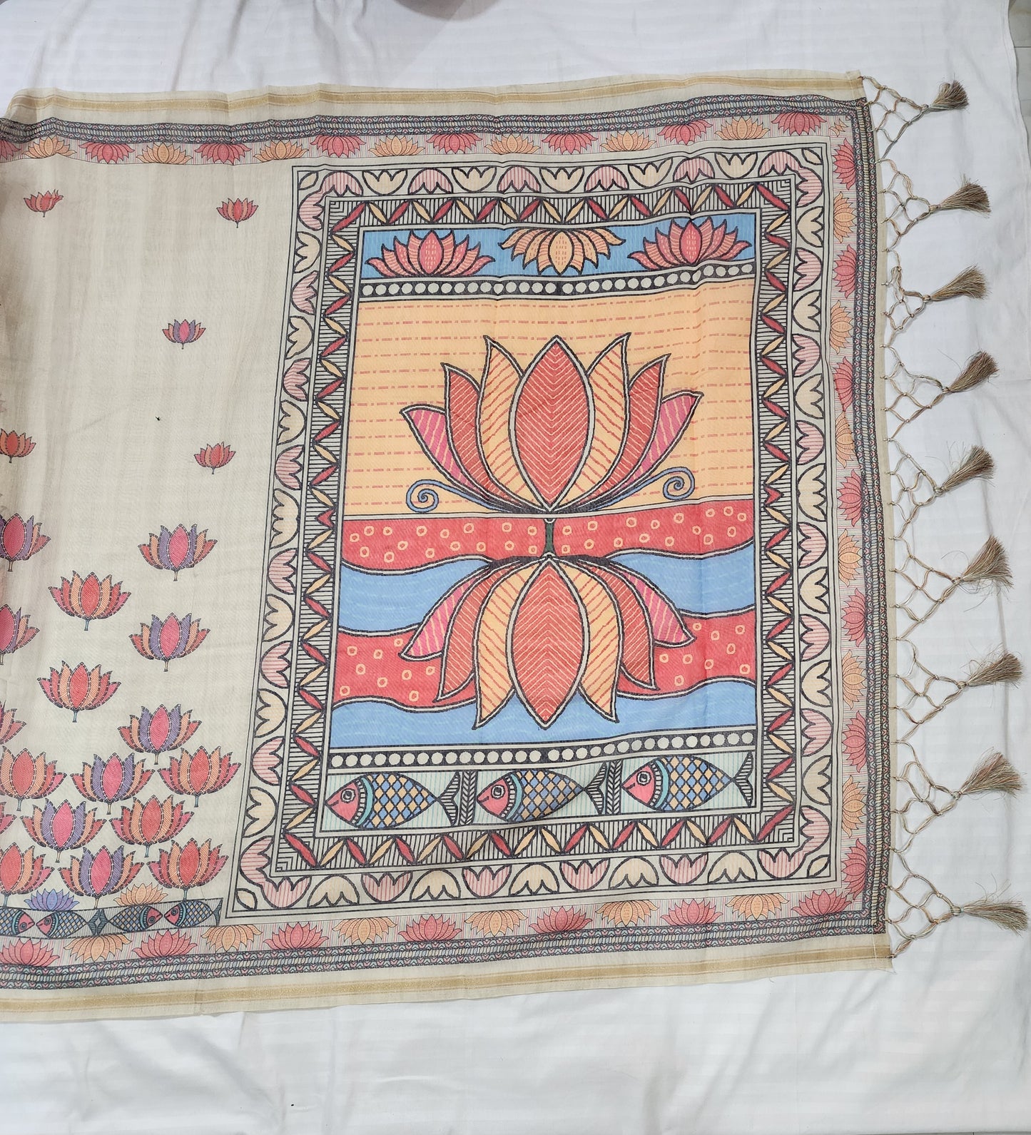 Beige Linen Cotton Saree with Vibrant Lotus and Fish Motif Print