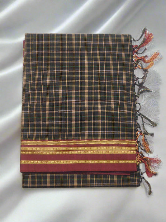 Black Maroon Ilkal Cotton Checks Saree