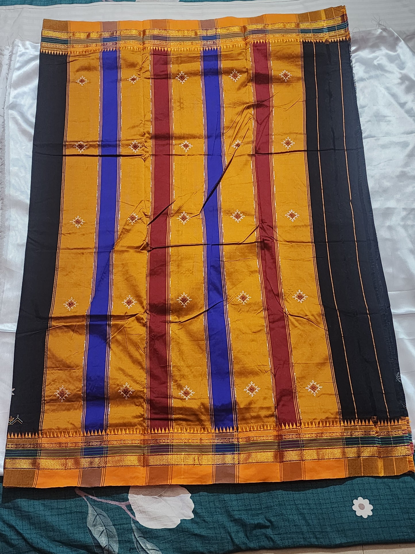 Black Yellow Ilkal Kasuti Embroidered Silk Saree