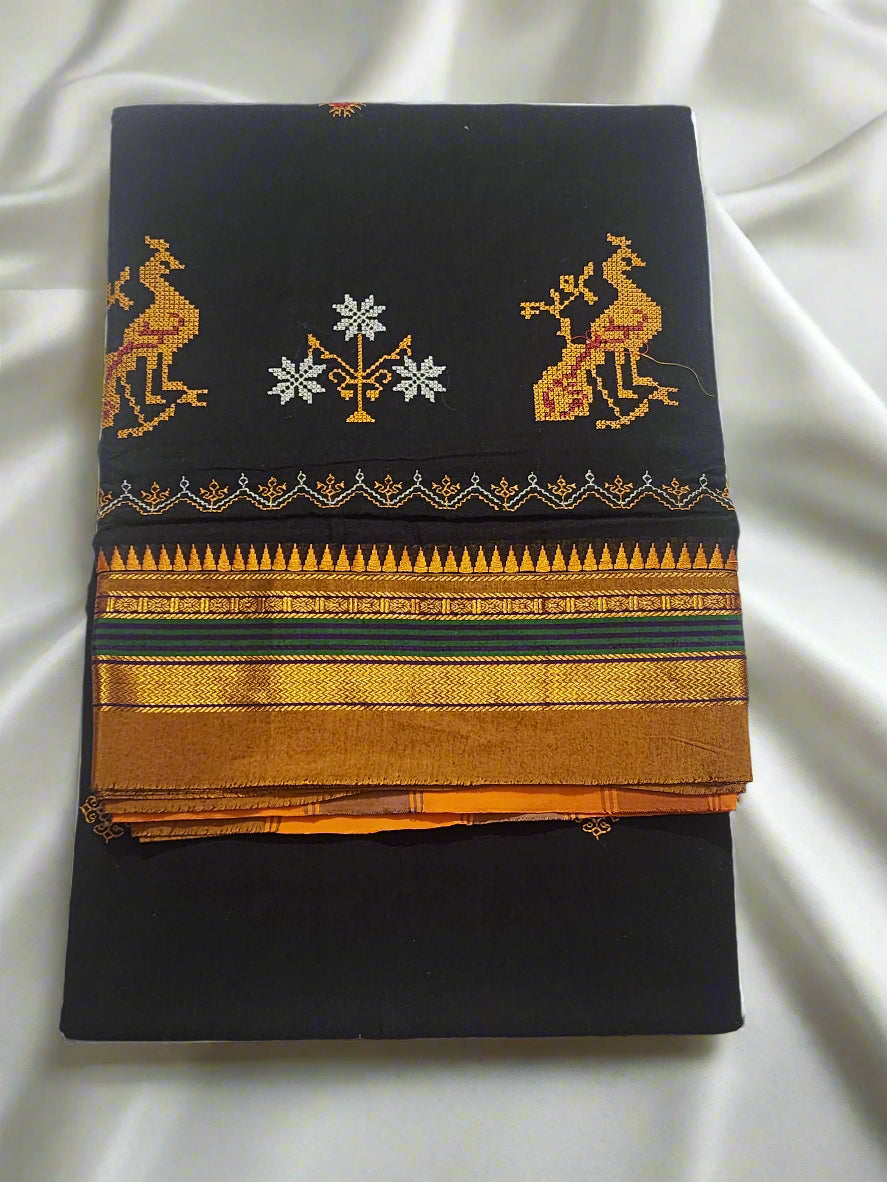 Black Yellow Ilkal Kasuti Embroidered Silk Saree