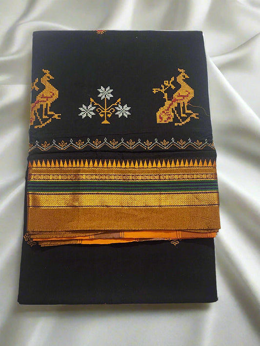 Black Yellow Ilkal Kasuti Embroidered Silk Saree