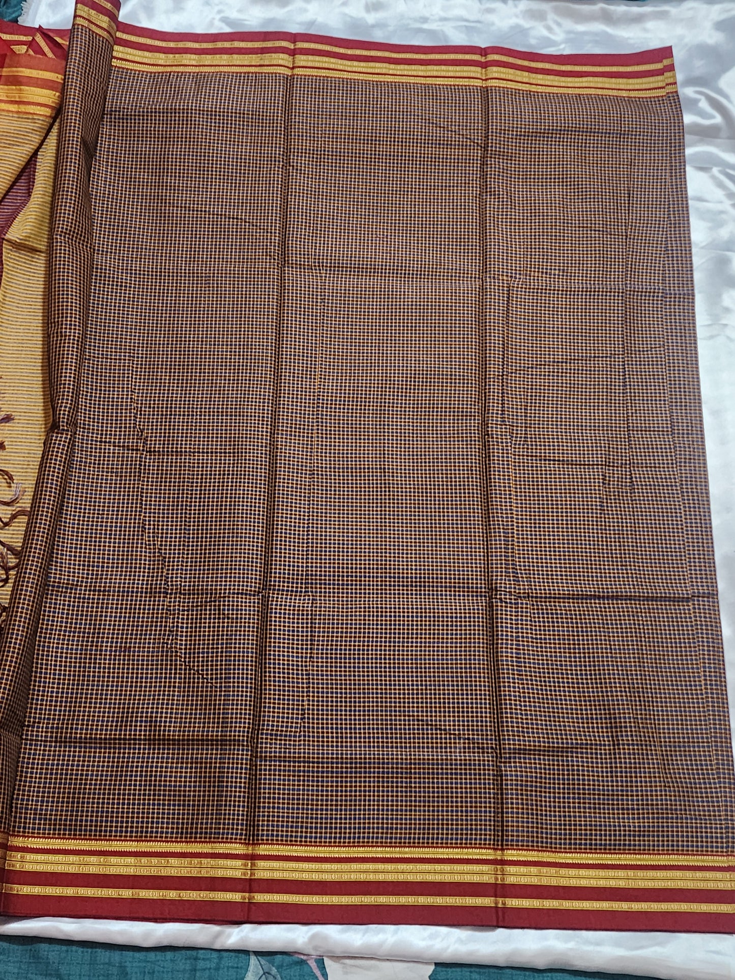 Blue Maroon Checked Ilkal Cotton Saree