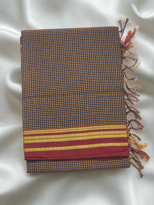 Blue Maroon Checked Ilkal Cotton Saree