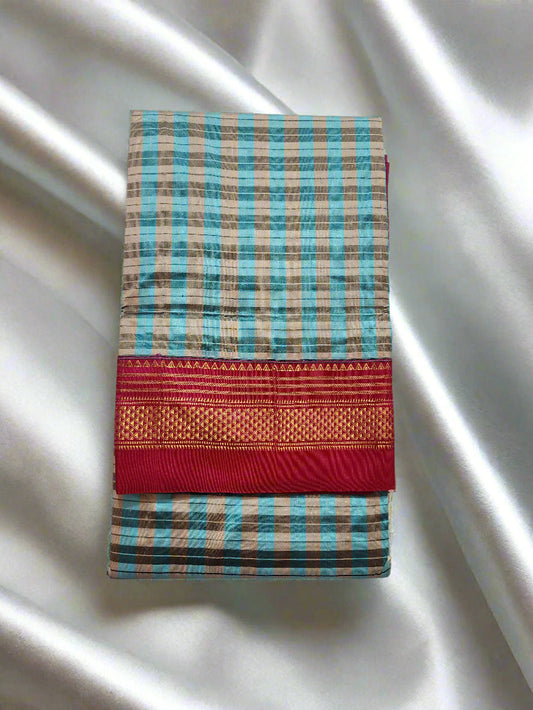 Blue-Pink Checks Ilkal Saree