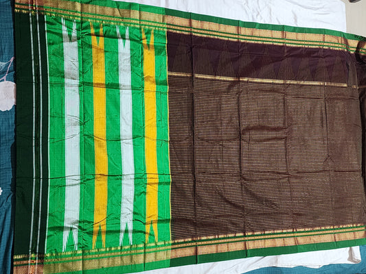 Brown Checked Ilkal Saree with Skirt border
