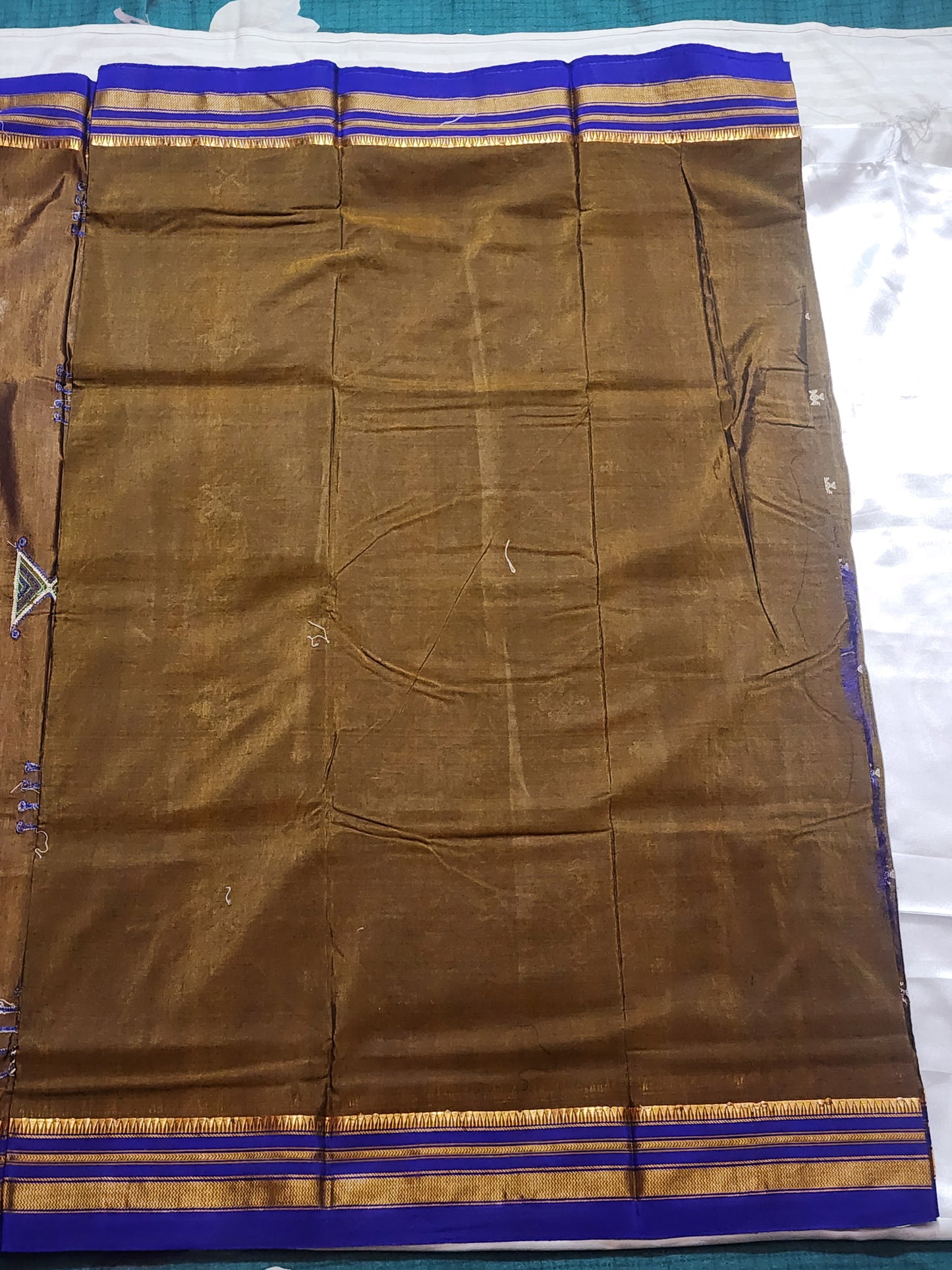 Brown Blue Ilkal Silk Saree with Kasuti Motifs